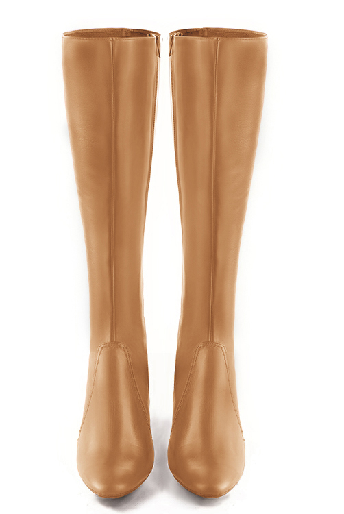 Camel beige women's feminine knee-high boots. Round toe. High block heels. Made to measure. Top view - Florence KOOIJMAN